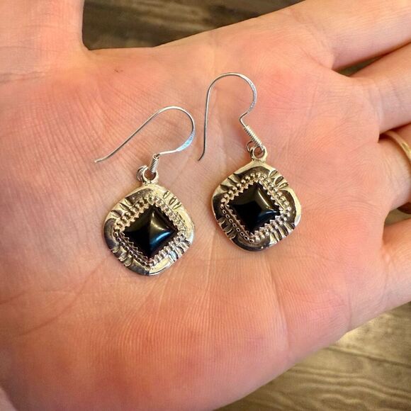 Southwestern Square Framed Genuine Black Onyx Sterling Silver Dangle Earrings - Picture 2 of 4